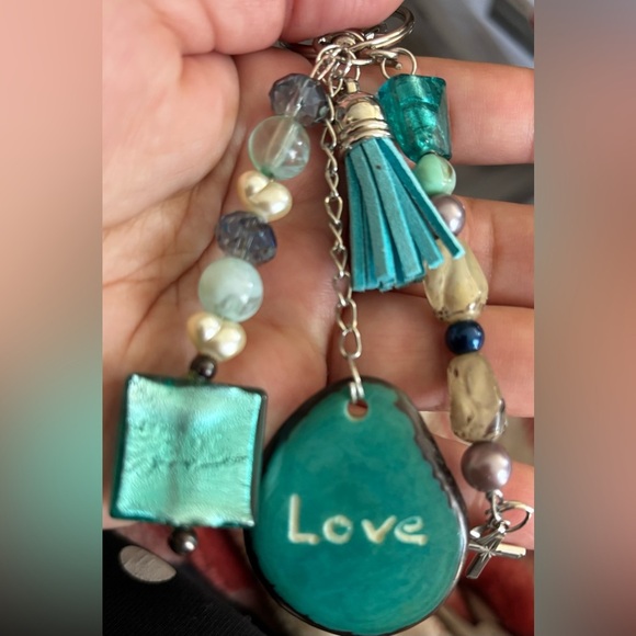 Upcycled jewelry Colorful Beaded bag charm with Love  and cross Charm - Picture 3 of 9